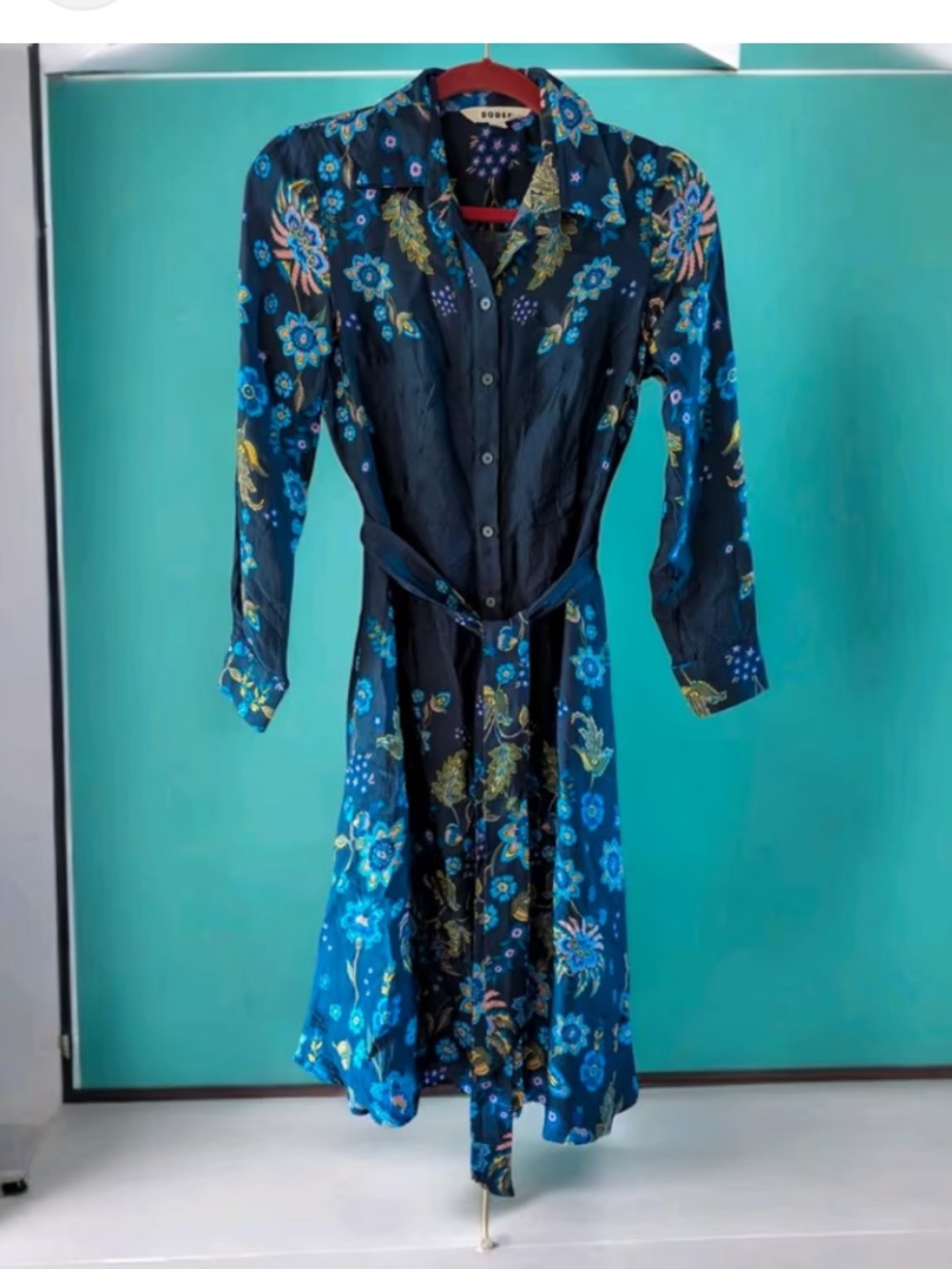 BODEN Blue Floral Button-Front Shirt Dress with Belt